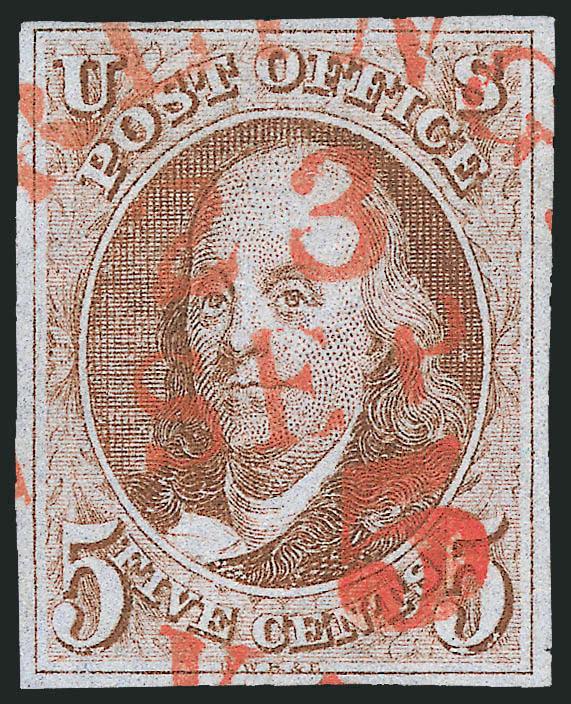 5c Red Brown (1).> Ample to large margins, beautiful color and crisp impression, red Burlington Vt. circular datestamp with small red 5 integral rate, Extremely Fine, with 2010 P.S.E. certificate (VF-XF 85 SMQ
$540.00 as non-town red cancel)