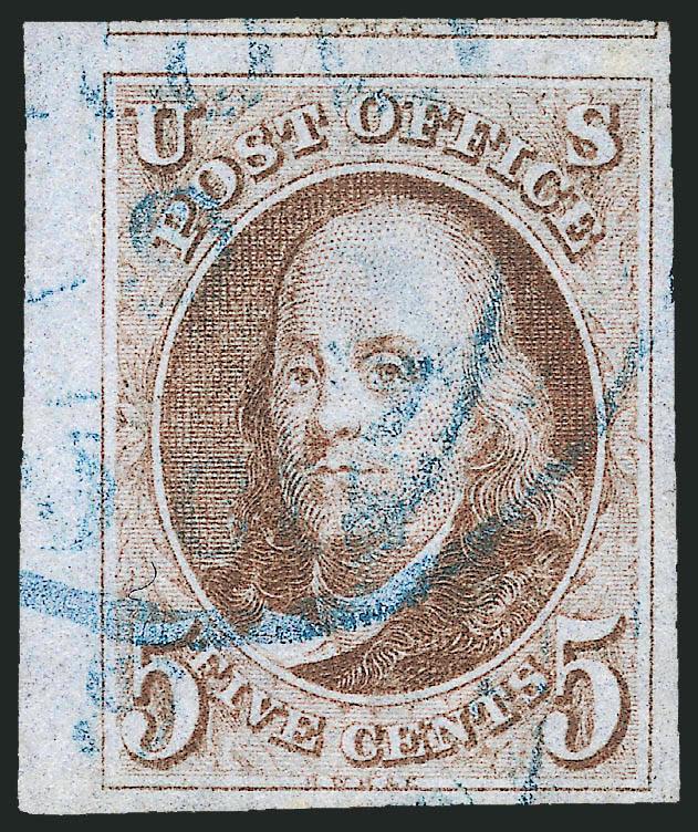 5c Red Brown (1).> Large to enormous margins with <sheet or straddle-pane margin> at left and part of adjoining stamp at top, blue circular datestamp, Extremely Fine, with 2010 P.S.E. certificate (VF-XF 85
Jumbo SMQ $540.00 as 85, $650.00 as 90 with