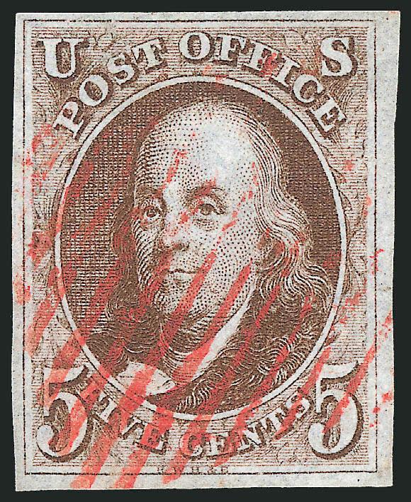 5c Red Brown (1).> Rich color and detailed early impression, large margins, neat strike of red New York square grid cancel, Very Fine and choice