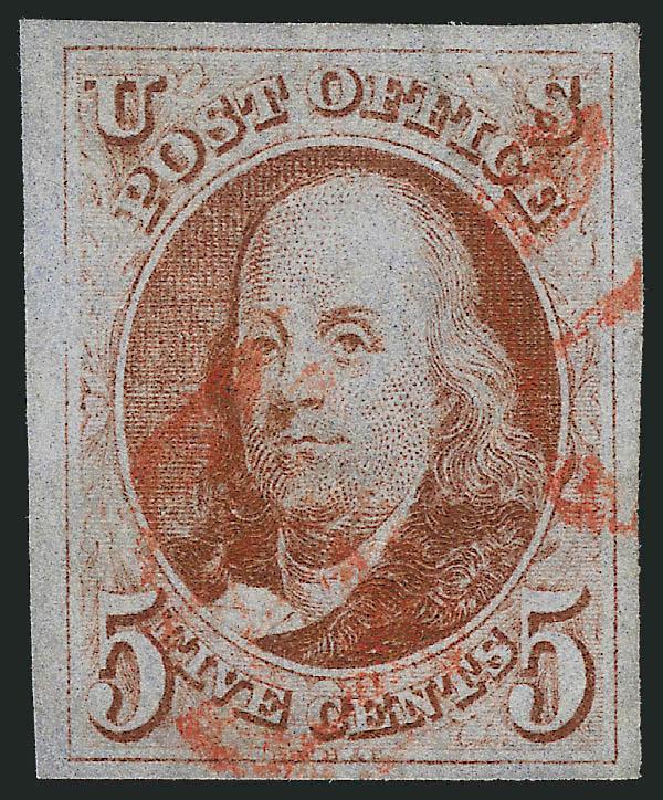 5c Red Brown (1).> Large to huge margins, bright color, two light strikes of <red numeral 5 cancel>, Extremely Fine, with 2010 P.S.E. certificate (XF 90 SMQ $650.00 as ordinary red cancel)