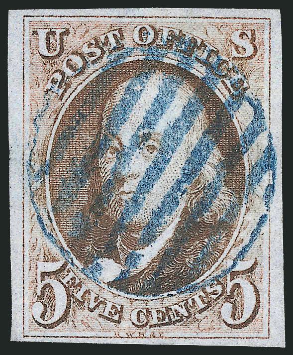 5c Red Brown (1).> Large margins, rich color nicely complemented by <blue> grid cancel, fresh and Extremely Fine