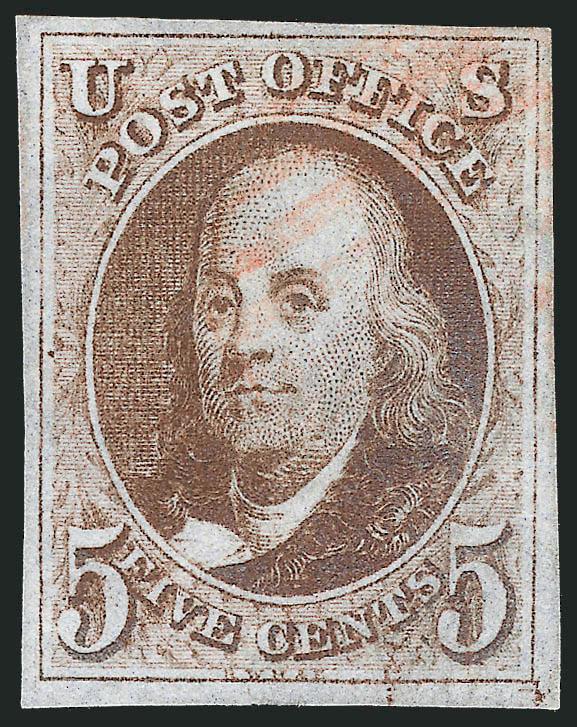 5c Red Brown (1).> Full to large margins, rich color, light strike of red grid cancel, faint ms. offset on back, Very Fine and choice