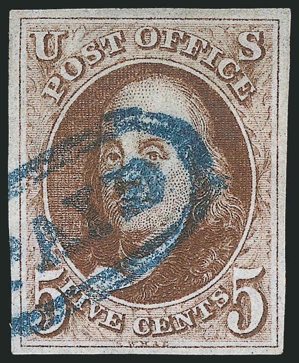 5c Brown (1).> Full to large margins, beautiful deep rich color and impression, bold <blue Paid in oval> cancel of Philadelphia, Extremely Fine