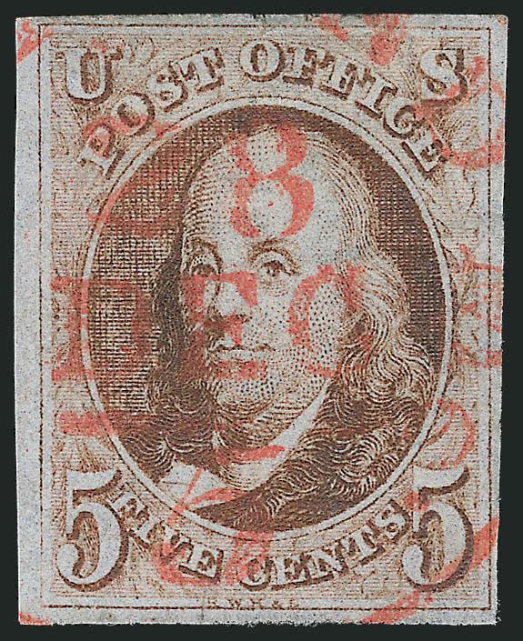 5c Red Brown (1).> Ample to large margins, rich color, neat <red 5 integral-rate circular datestamp>, Very Fine