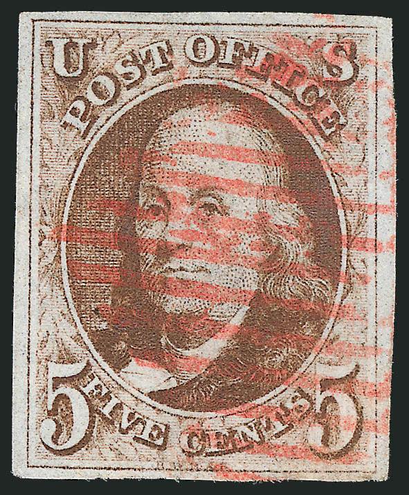 5c Red Brown (1).> Full to large margins, rich color and sharp impression, red New York square grid cancel, Very Fine and choice, with 2007 P.S.E. certificate (VF 80 SMQ $450.00)