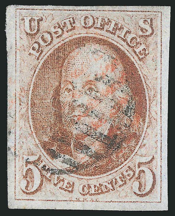 5c Red Brown (1).> Large to huge margins, radiant color, red and <black> grid cancels, fresh and Very Fine, with 2010 P.S.E. certificate (VF 80 SMQ $450.00)
