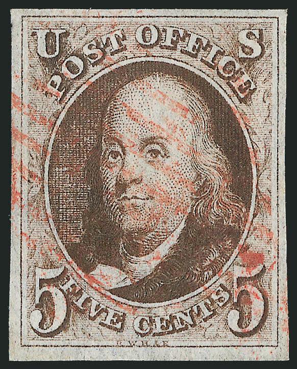 5c Red Brown (1).> Rich color, large to huge margins, red grid cancels, small crease at bottom center, Extremely Fine appearance, with 2010 P.F. certificate