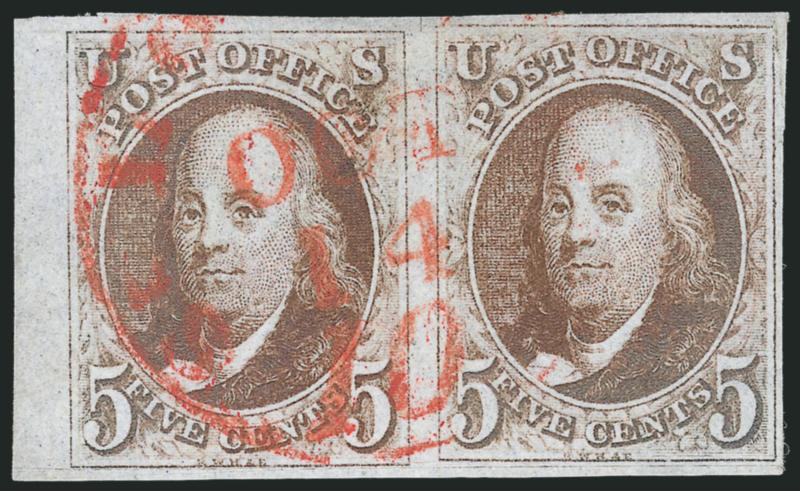 5c Red Brown (1).> Horizontal pair, large to huge margins incl. <sheet margin at left,> deep rich color nicely complemented by <red St. Louis 10 integral-rate> circular datestamp, tiny corner crease at top
right, scoring line at bottom not mentione