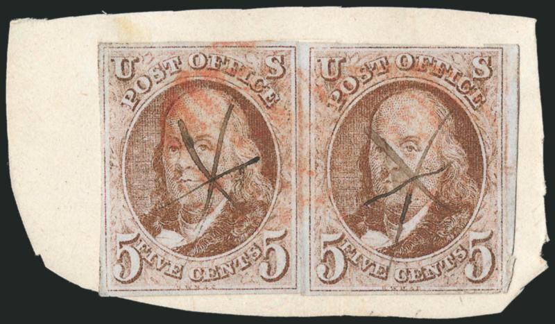 5c Red Brown (1).> Two singles joined together to appear as a pair and affixed to small piece, cancelled by pen and red grids, couple small flaws, Fine appearance