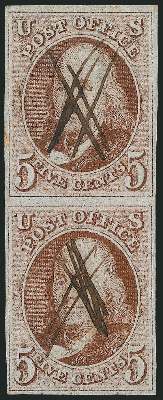 5c Red Brown (1).> Vertical pair, large margins to full, each stamp with neat ms. cancel, Very Fine