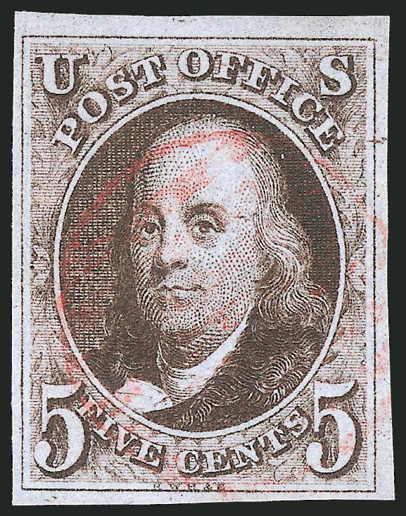 5c Blackish Brown (1a var).> Deep rich color and sharp early impression, large margins, light strike of red grid cancel, Extremely Fine, with 2010 P.S.E. certificate (VF-XF 85 SMQ $700.00)