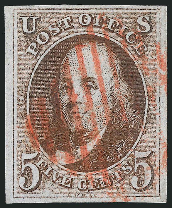 5c Dark Brown (1a).> Large balanced margins, beautiful deep shade nicely complemented by red New York square grid cancel, Extremely Fine, with 2005 P.S.E. certificate (VF-XF 85 SMQ $700.00)