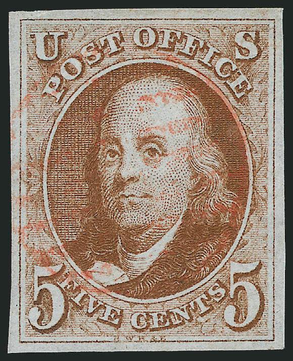 5c Orange Brown (1b).> Brilliant color in the early Orange Brown shade, large even margins, light strike of <red grid> cancel<><>^EXTREMELY FINE GEM. A BEAUTIFUL AND BRIGHT EXAMPLE OF THE 5-CENT 1847 ISSUE IN
VIVID ORANGE BROWN COLOR.^<><>In our