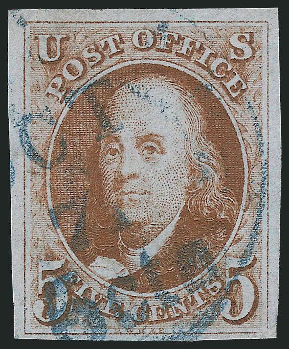 5c Brown Orange (1d).> Large to full margins, rich color and proof-like impression, neat strike of <blue Philadelphia 5 cts integral-rate circular datestamp><><>^VERY FINE AND CHOICE. A WONDERFUL RICHLY-COLORED
EXAMPLE OF THE 5-CENT 1847 BROWN OR