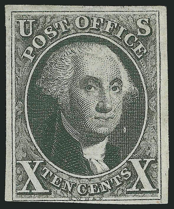 10c Black (2).> Original gum, appears to us to be almost full and intact but described by P.F. as redistributed part original gum, large margins to clear at bottom left, beautiful impression on fresh paper, two
small thin spots at top and a minute