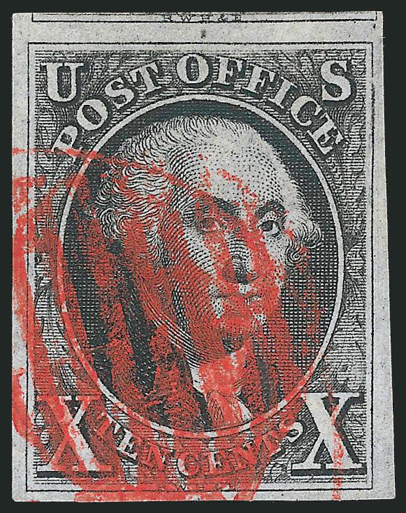 10c Black (2).> Large to huge margins incl. part of adjoining stamp at top, crisp impression nicely complemented by vivid <paint-red grid> cancel, Extremely Fine Gem, a gorgeous stamp