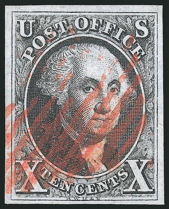 10c Black (2).> Large margins, remarkably detailed impression nicely complemented by red New York square grid cancel, Extremely Fine, a stamp with tremendous visual appeal, with 1995 P.F. and 2010 P.S.E.
certificates (XF 90 SMQ $1,600.00)