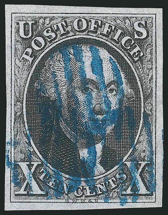 10c Black (2).> Large margins all around, intense shade and impression, bold strike of <blue> grid cancel, fresh and Extremely Fine, a beautiful stamp