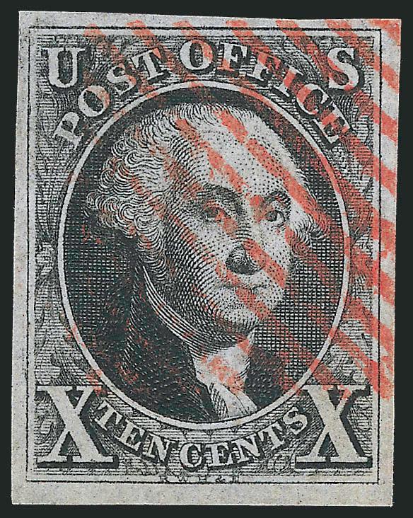 10c Black (2).> Position 64L1, large to huge margins, attractive shade nicely complemented by bold red New York square grid cancel, Extremely Fine, with 2005 P.S.E. certificate (VF-XF 85 SMQ $1,200.00)