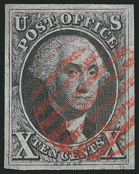 10c Black (2).> Large margins, red grid cancel, small margin thin spot, Extremely Fine appearance