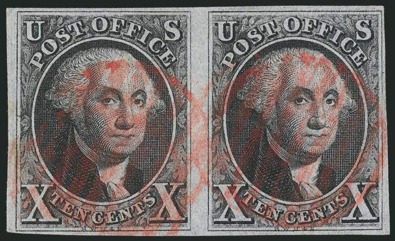 10c Black (2).> Horizontal pair, ample to large margins, crisp impression, neat strikes of red grid cancel, fresh and Very Fine, with 1996 P.S.E. certificate