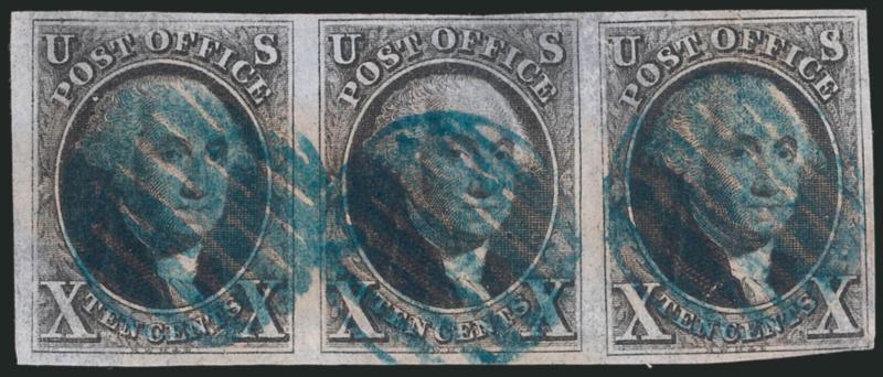 10c Black (2).> Horizontal strip of three, large margins to barely touched at bottom right, faint horizontal crease at bottom and some slight age spotting<><>^VERY FINE APPEARANCE. A SCARCE STRIP OF THREE OF
THE 10-CENT 1847 ISSUE.^<><>As an indi
