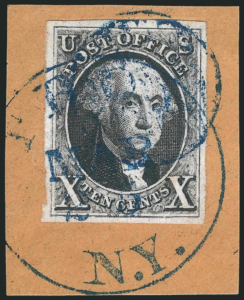 10c Black, Double Transfer Ty. D (2-D).> Position 41R1, clearly shows doubling of left and bottom framelines, also partial doubling of right frameline and top left arm of the X at bottom right, large balanced
margins, tied on piece by dark <blue> 