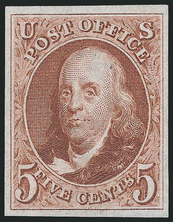 5c Red Brown, Reproduction (3).> Without gum as issued, large nicely balanced margins, bright color, Extremely Fine