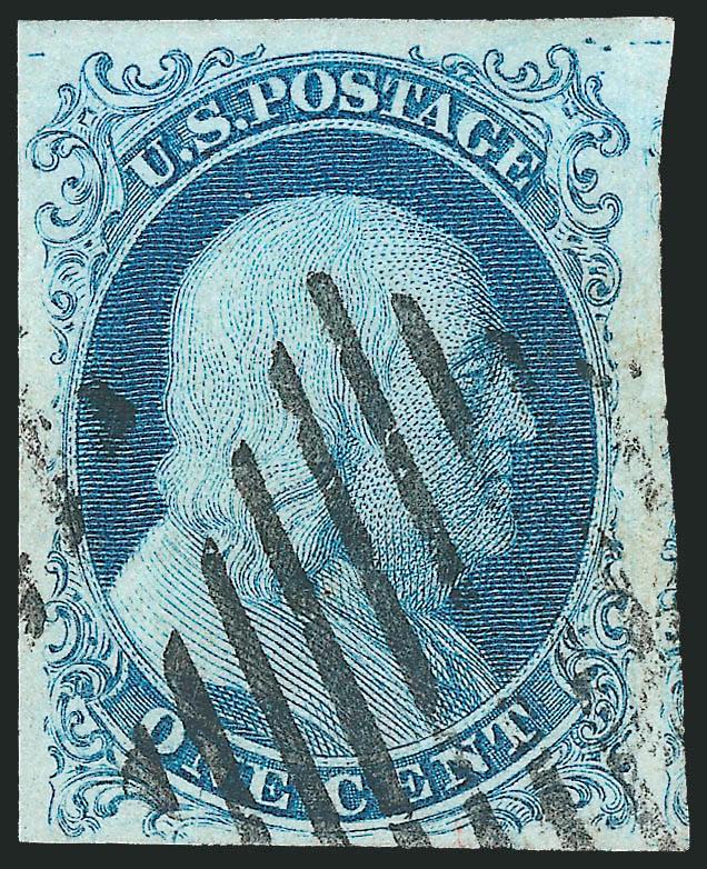 1c Blue, Ty. Ib (5A).> Position 6R1E, large margins all around incl. part of adjoining stamp at right, brilliant color on crisp paper, bold strike of square grid cancel<><>^EXTREMELY FINE. A STUNNING USED
EXAMPLE OF THE RARE 1851 ONE-CENT TYPE Ib F