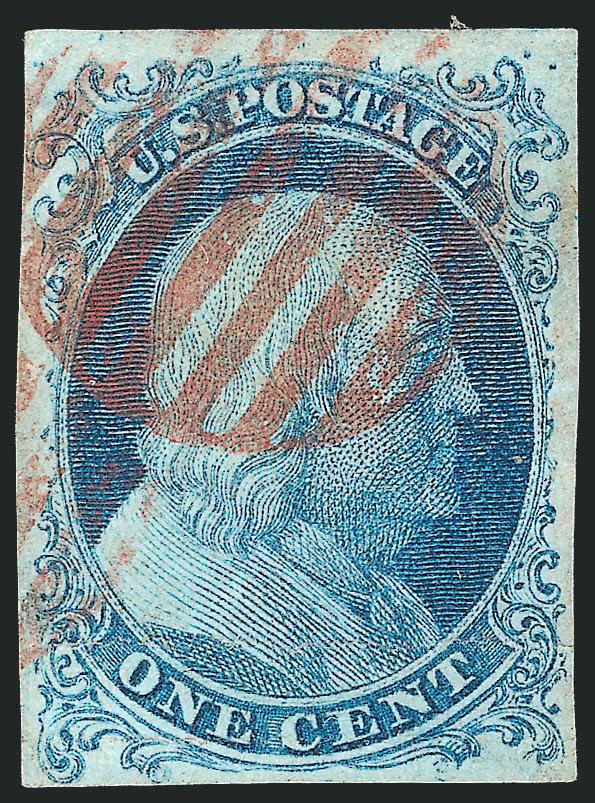 1c Blue, Ty. Ib (5A).> Position 8R1E, full to large margins clearly showing all of the Type Ib design characteristics at top and bottom, beautiful bright Plate 1 Early color, neat strike of <red grid> cancel,
two horizontal creases at bottom and a ti