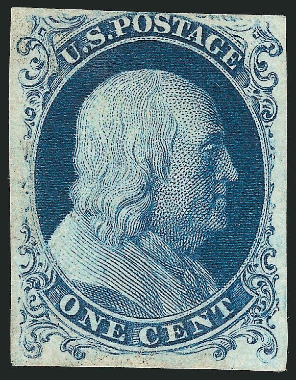 1c Blue, Ty. Ia (6).> Position 92R4, three large margins showing full plumes at bottom -- the defining characteristics of the rare Ty. Ia -- touched or slightly in at top, deep rich color and very faint cancel,
appears unused<><>^FINE. AN ATTRACTIV