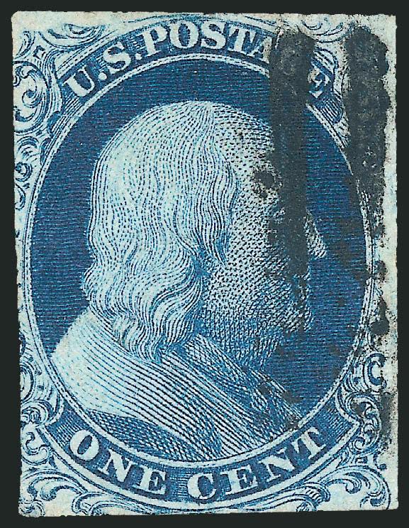 1c Blue, Ty. Ic (6b).> Position 96R4, <curl in C variety,> small margins to cut in, deep rich color, unusual cancel comprising two vertical bars, small tear at top, this bottom-row F Relief position is far more
desirable and rarer than the E Relief