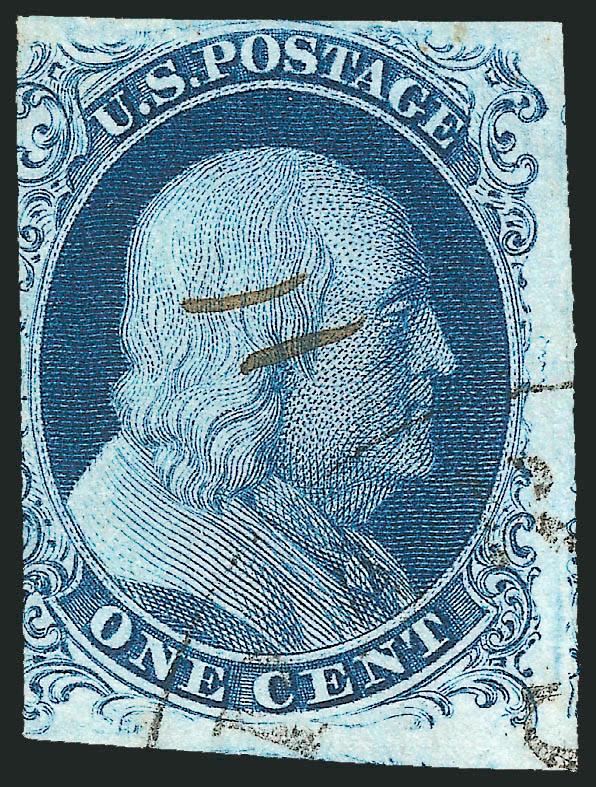 1c Blue, Ty. Ic (6b).> Position 83L4, E Relief, three clear to huge margins, slightly in at left, rich color and sharp impression, cancelled by light circular datestamp at bottom right and two small ms. dashes,
scarce and attractive, with 2010 P.F. c
