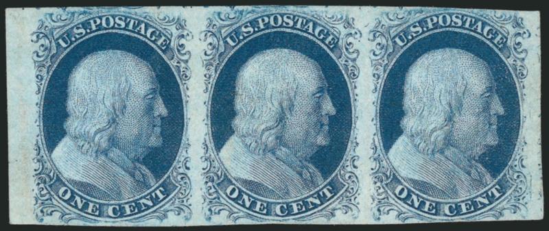 1c Blue, Ty. II (7).> Horizontal strip of three, unused (no gum), huge margins incl. <sheet margin> at left, just touched at right, center stamp tiny thin speck, Very Fine appearance, Scott Retail as three no
gum singles