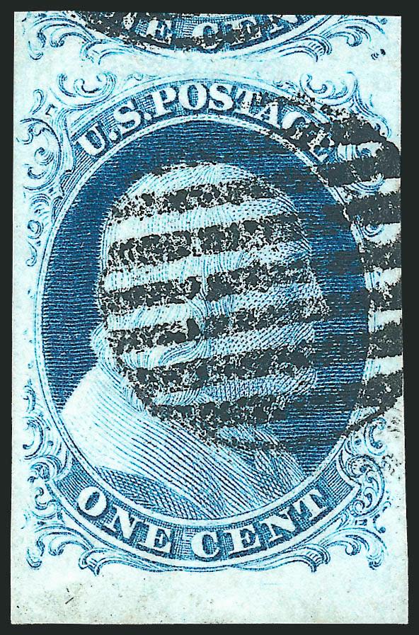 1c Blue, Ty. II (7).> Enormous margins incl. <sheet margin> at bottom and significant portion of adjoining stamp at top, bright shade, bold strike of grid cancel, Extremely Fine, a huge stamp, with 2010 P.S.E.
certificate (XF 90 Jumbo SMQ $365.00 as