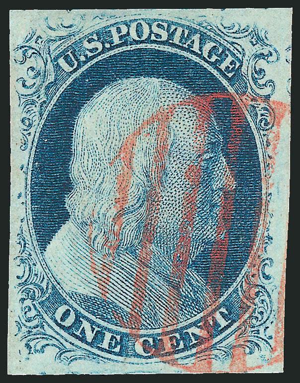 1c Blue, Ty. II (7).> Plate 1E, large margins, beautiful bright color, <red grid> cancel, Extremely Fine, with 2003 P.F. certificate