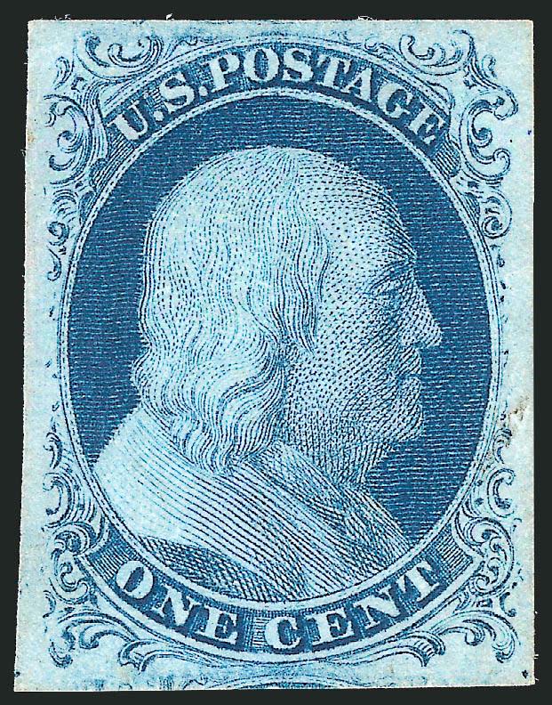 1c Blue, Ty. II (7).> Huge margins incl. part of adjoining stamp at bottom, deep rich color, appears unused at a glance but we note a faint cancel at right, Extremely Fine, a pretty stamp