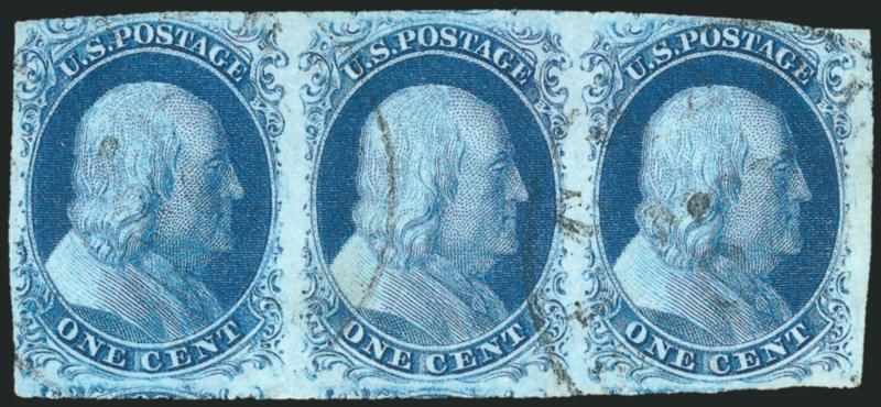 1c Blue, Ty. II (7).> Horizontal strip of three, ample to mostly huge margins showing traces or parts of at least four adjoining stamps, bright color, light circular datestamps, center stamp has trace of
vertical crease, righthand stamp has thin spot