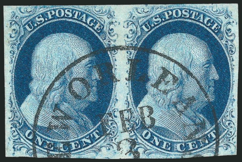 1c Blue, Ty. II, IV (7, 9).> Horizontal pairs, mostly full margins, intense colors, strikingly different New Orleans circular datestamps, also incl. No. 11 horizontal pair with Sandusky O. circular datestamps,
Fine-Very Fine
