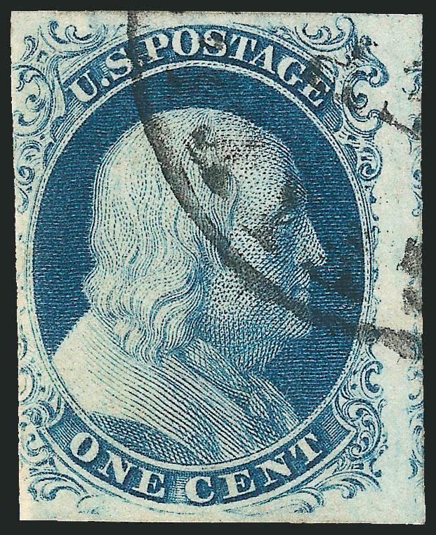 1c Blue, Ty. III (8).> Plate 4, three large to huge margins showing bit of next stamp at right, barely in at left, rich color, neat circular datestamp, Fine and attractive, with 1999 P.F. certificate for this
stamp on its original cover