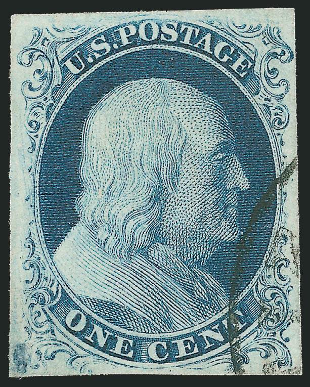 1c Blue, Ty. IIIa (8A).> Plate 4, large even margins, distinct break at top, rich color, face-free circular datestamp leaves design clearly visible<><>^EXTREMELY FINE. A CHOICE USED EXAMPLE OF THE 1851 ONE-CENT
IMPERFORATE TYPE IIIA. RARE IN THIS S