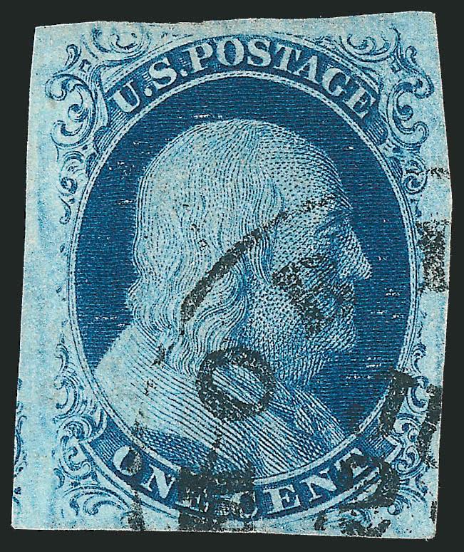 1c Blue, Ty. IIIa (8A).> Large margins to full incl. part of adjoining stamp at left, deep rich Plate 4 color, neat strike of circular datestamp, Very Fine and choice, with 1980 P.F. and 2010 P.S.E.
certificates (VF 80 SMQ $875.00)