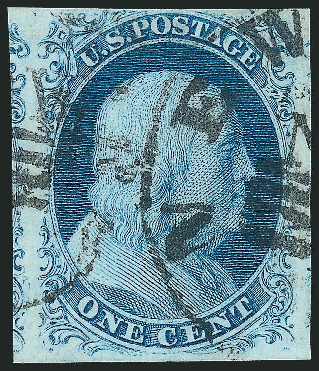1c Blue, Ty. IIIa (8A).> Plate 1E, huge margins incl. part of adjoining stamps at sides, clear at top, bright color, neat strikes of New York 4-bar slug circular datestamp, Very Fine and choice, with 1990 and
2008 P.F. certificates (VF-XF 85)