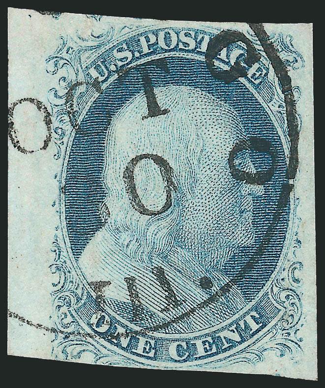 1c Blue, Ty. IIIa (8A).> Plate 1E, large to huge margins except tiniest bit in at bottom left, lovely pastel color, bold Chicago circular datestamp, Very Fine, with 2008 P.S.E. certificate