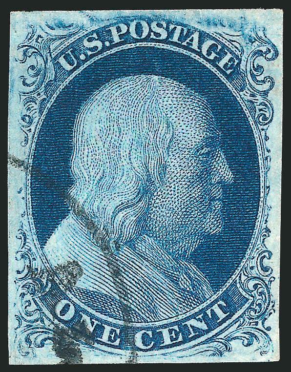 1c Blue, Ty. IIIa (8A).> Plate 4, full even margins, remarkably dark shade and proof-like impression, lightly cancelled by circular datestamp at lower left clear of Franklins portrait, trivial lightning-shaped
internal crease flashes when drying but