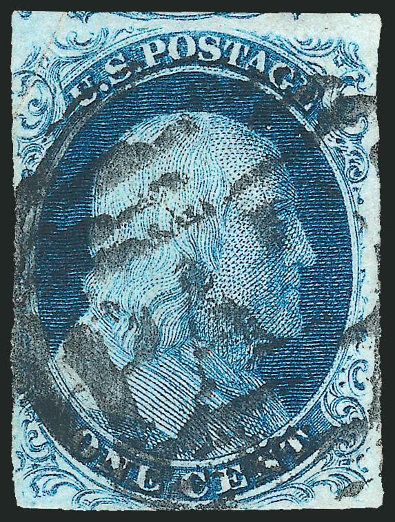 1c Blue, Ty. IIIa (8A).> Position 58R1E, sizable break in top outer line, margins virtually all around, bright color, bold large Paid grid cancel, corner crease top left, otherwise Very Fine, the break at top
is unusually wide for Plate 1E, with 20