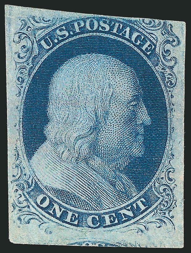 1c Blue, Ty. IIIa (8A).> Plate 4, three huge margins, clear to in at top, cancel removed, thin spot, appears Fine
