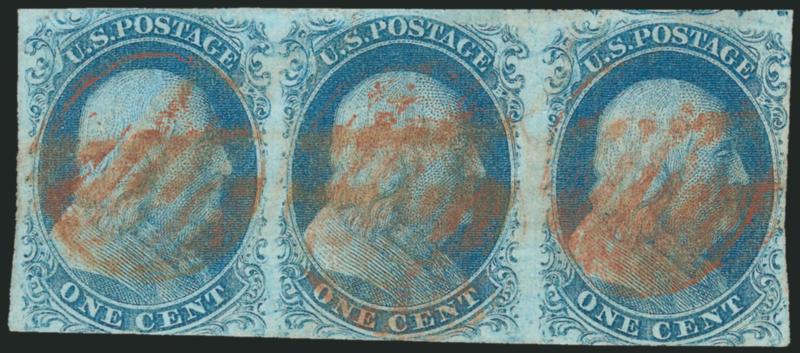 1c Blue, Ty. II-IIIa-IIIa (7-8A-8A).> Positions 54-56R1E, horizontal strip of three, margins nearly all around, lovely Robins Egg Blue shade from Plate 1E, <red grid> cancels with additional removed pen cancels
(not readily apparent), Fine-Very Fi