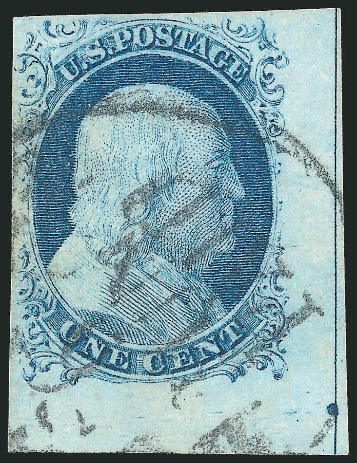 1c Blue, Ty. IV (9).> Huge margins incl. <bottom right corner straddle-pane margin with centerline and guide dot,> pretty shade, neat strike of circular datestamp, Extremely Fine, a scarce example with the
centerline and guide dot between panes on Pl