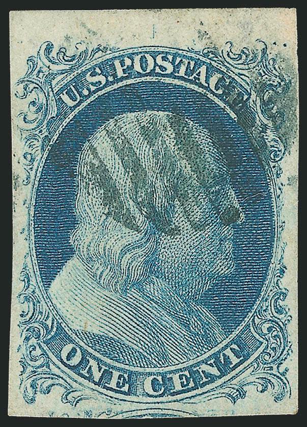 1c Blue, Ty. IV (9).> Position 5R1L, large margins incl. <sheet margin at top> and part of adjoining stamp at bottom, neat grid cancel, Extremely Fine Ty. IV stamp from a position that produced Ty. Ib on early
state of the plate